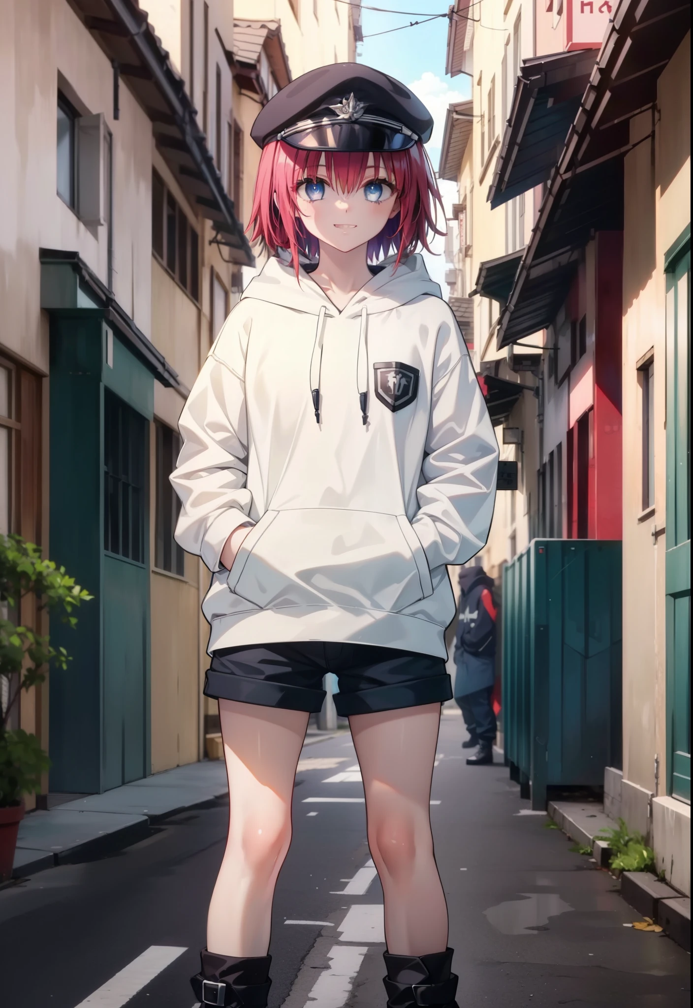 (masterpiece, Highest quality:1.2),shape,8K,High resolution,mea kurosaki,Mea Kurosaki,Redhead,Long Hair,Purple eyes,1 Girl,Hunting Cap,Oversized black hoodie,Black shorts,short boots,Grin,smile,Both hands are in the pockets of the hoodie,Standing with one&#39;s back against a graffitied wall,rain,night,cloudy,whole bodyがイラストに入るように,
break looking at viewer,whole body,
break outdoors, Alley,
break (masterpiece:1.2), Highest quality, High resolution, ユニティ 8K 壁紙, (shape:0.8), (Beautiful and beautiful eyes:1.6), Highly detailed face, Perfect lighting, Highly detailed CG, (Perfect hands, Perfect Anatomy),
