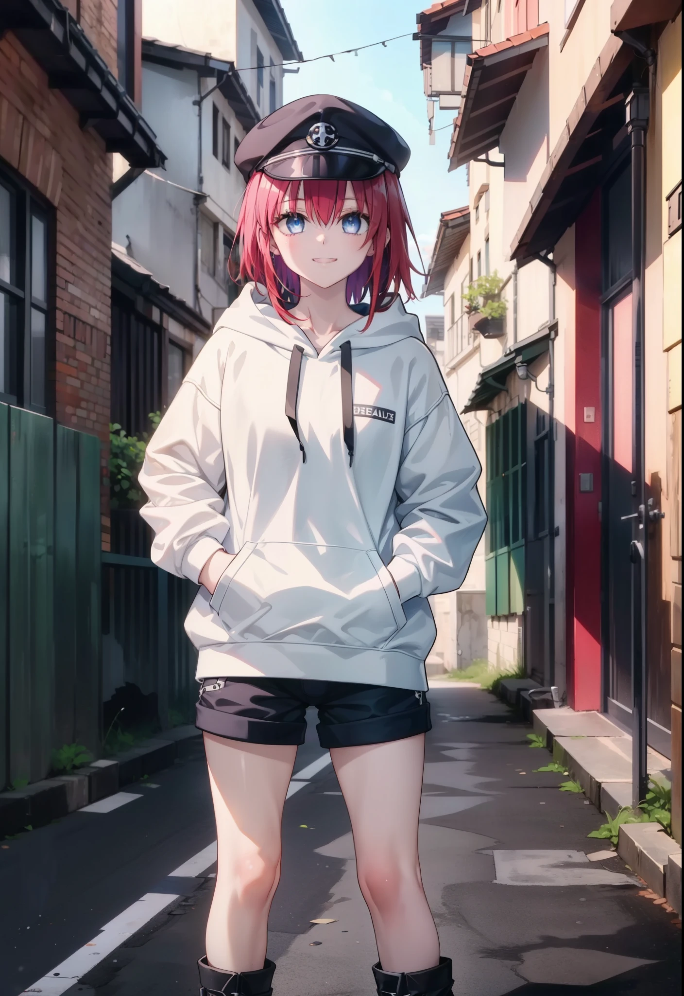 (masterpiece, Highest quality:1.2),shape,8K,High resolution,mea kurosaki,Mea Kurosaki,Redhead,Long Hair,Purple eyes,1 Girl,Hunting Cap,Oversized black hoodie,Black shorts,short boots,Grin,smile,Both hands are in the pockets of the hoodie,Standing with one's back against a graffitied wall,rain,night,cloudy,whole bodyがイラストに入るように,
break looking at viewer,whole body,
break outdoors, Alley,
break (masterpiece:1.2), Highest quality, High resolution, ユニティ 8K 壁紙, (shape:0.8), (Beautiful and beautiful eyes:1.6), Highly detailed face, Perfect lighting, Highly detailed CG, (Perfect hands, Perfect Anatomy),