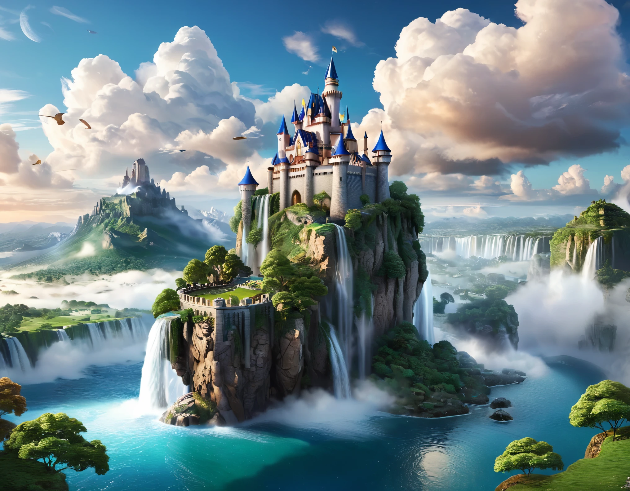 [Fantasy Castle emoji] Picture an ethereal landscape featuring a castle suspended in the clouds. The scene should be intricately detailed, with hyperrealistic elements such as floating islands and cascading waterfalls. Leverage realistic rendering techniques to ensure that the fantastical elements seamlessly blend with the photorealistic backdrop. Optimize the image for 8K resolution to showcase the immersive quality of the ethereal fantasy.