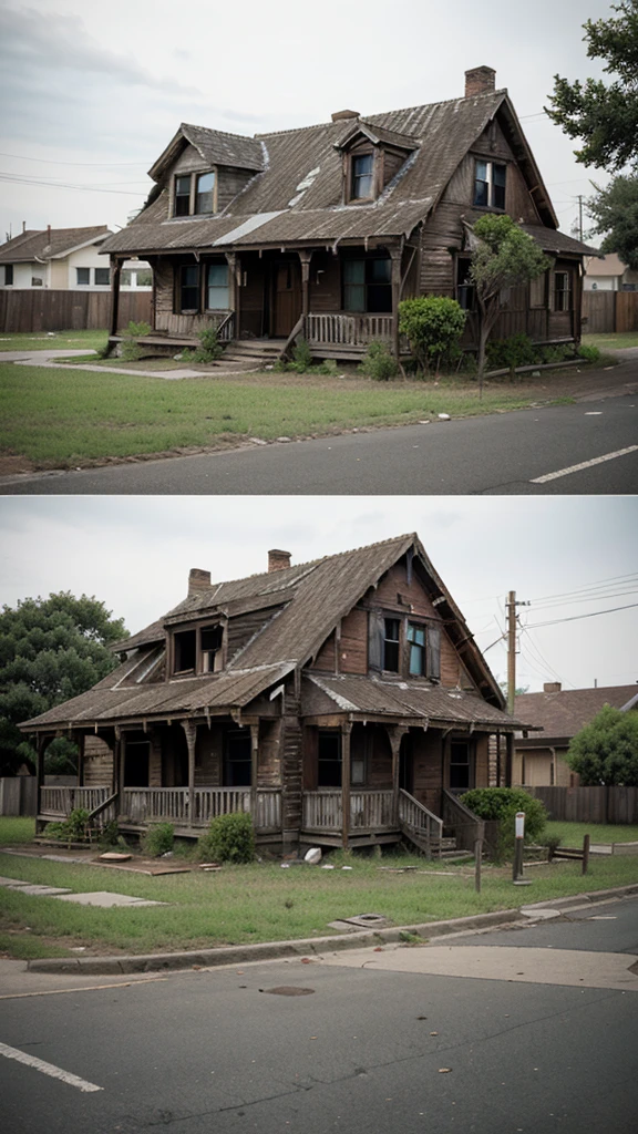 "An old and abandoned house on the corner of a residential neighborhood."