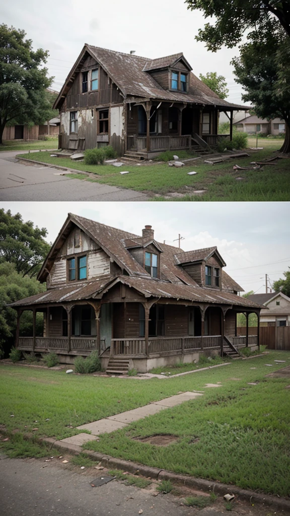 "An old and abandoned house on the corner of a residential neighborhood."