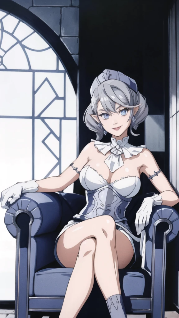 Outside castle top High level image quality best image quality 8K adult woman silver castle outside more colors whole body view portrait female hat ears earrings short hair((shortcut)(gray hair)(perm)(fluffy)) eye color is blue , , attractive evil face , smile , sexy pose , labrynth , barearm , gloves , wearing white , sitting on chair , crossed legs, view foot arc , view side