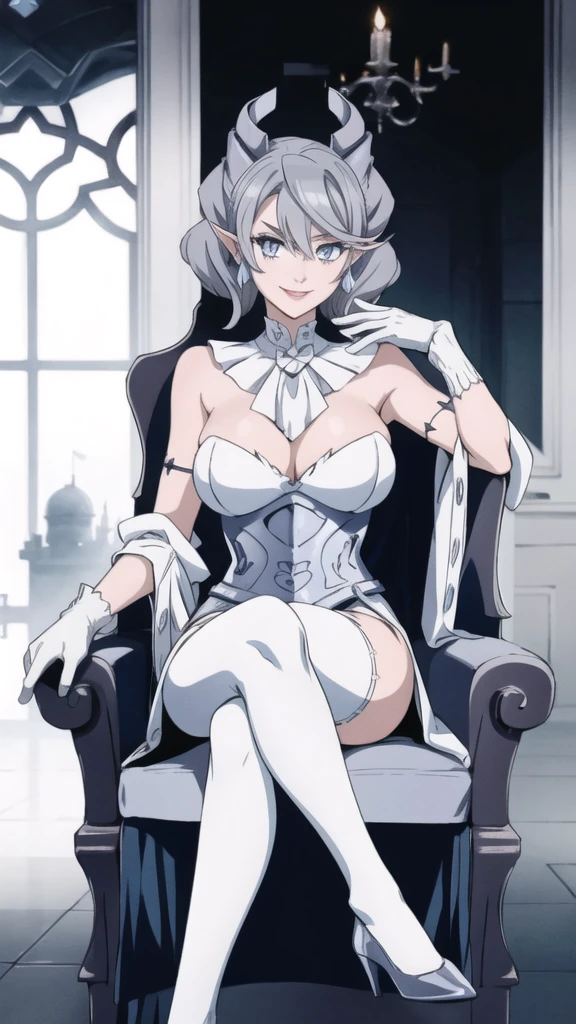 Outside castle top High level image quality best image quality 8K adult woman silver castle outside more colors whole body view portrait female hat ears earrings short hair((shortcut)(gray hair)(perm)(fluffy)) eye color is blue , , attractive evil face , smile , sexy pose , labrynth , barearm , gloves , wearing white , sitting on chair , crossed legs, view foot arc , view side