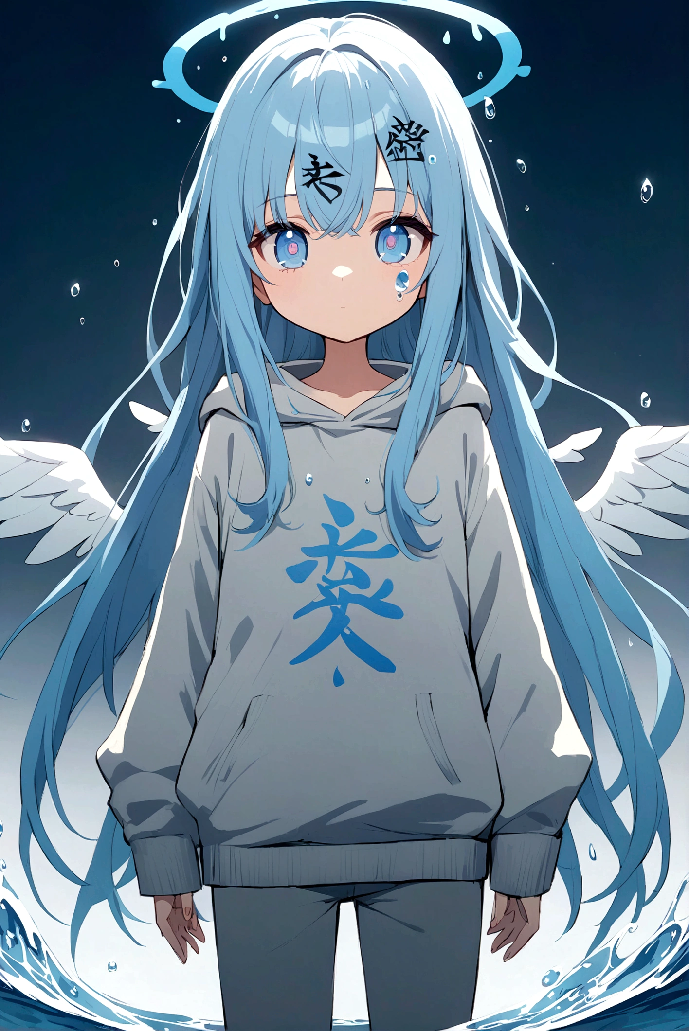 anime girl has blue long hair, her eyes have a blue drop of water drawn on the eyes pupil, one blue eye and one light blue eye, a sweatshirt with the kanji 水, grey pants, with wings made of water, a blue halo on the head made of water 