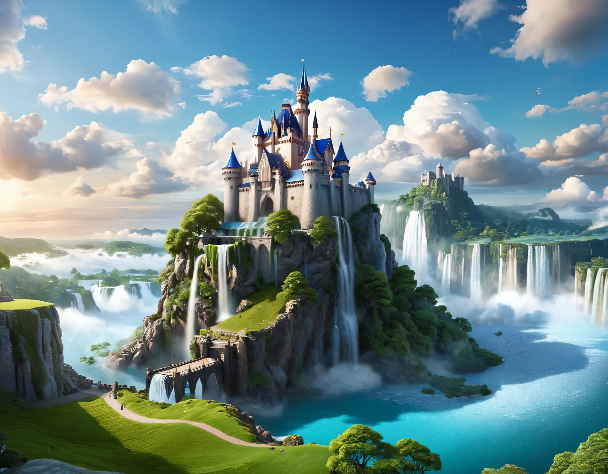 [Fantasy Castle emoji] Picture an ethereal landscape featuring a castle suspended in the clouds. The scene should be intricately detailed, with hyperrealistic elements such as floating islands and cascading waterfalls. Leverage realistic rendering techniques to ensure that the fantastical elements seamlessly blend with the photorealistic backdrop. Optimize the image for 8K resolution to showcase the immersive quality of the ethereal fantasy.