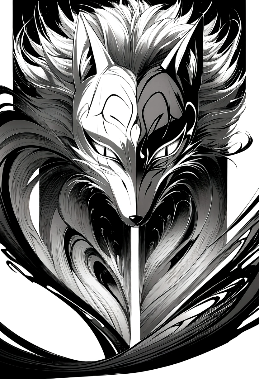 theme: Expressing the fact that everyone lives with one face and a mask Main color: Black and white style: Modern and simple design、Abstract Expression Texture: Textured lines that balance smooth texture with fine detail: The facial boundaries are highlighted with clear contours、The contrast between the interior and exterior is expressed through flowing curves. Description of form: The left half of his face is a wolf mask.、A young man with short hair on the right。The face is facing diagonally to the left.