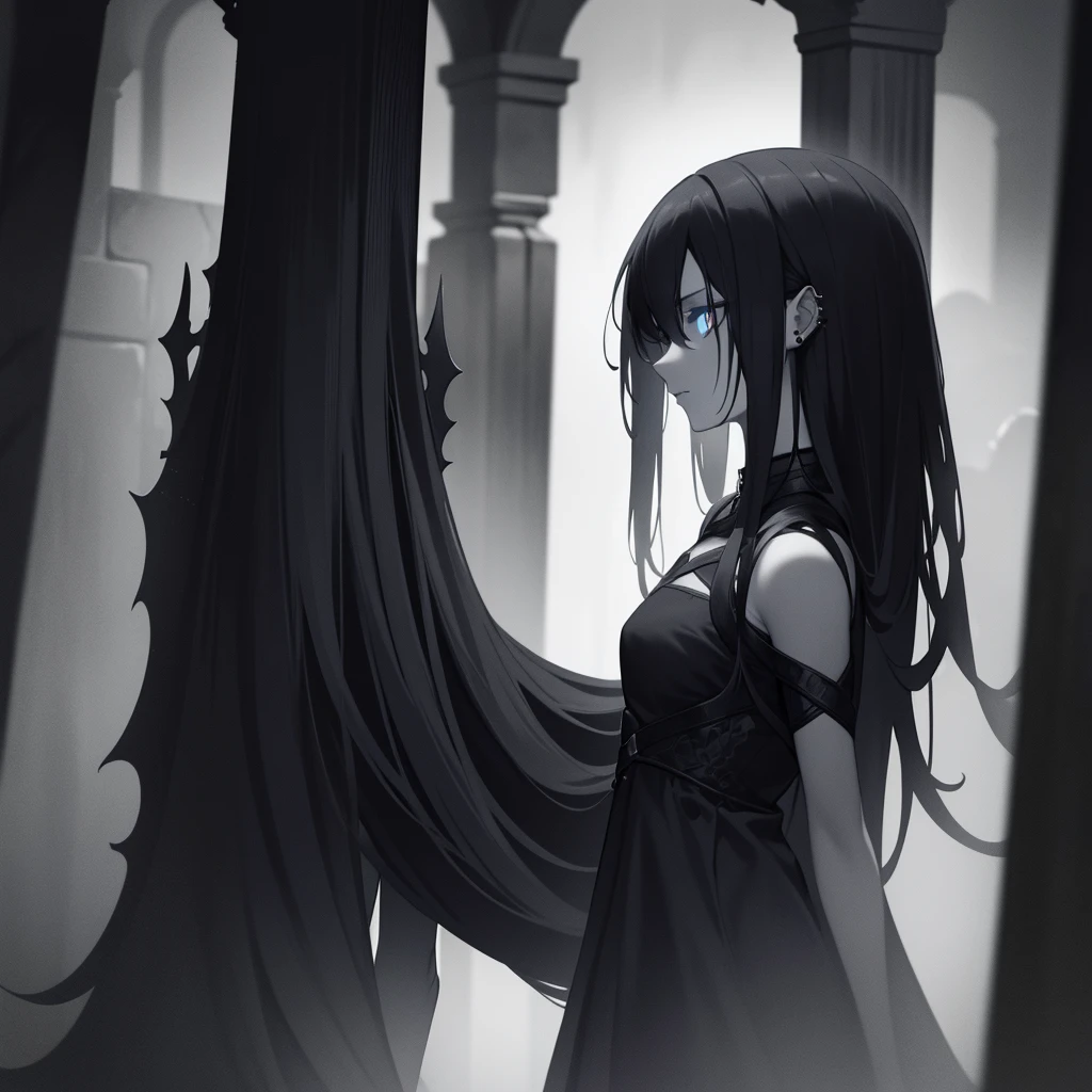 a dark girl with pale skin, piercing eyes, and a haunting expression, exploring a dangerous labyrinth, highly detailed, dramatic lighting, cinematic composition, moody and atmospheric, dark fantasy, muted color palette, chiaroscuro