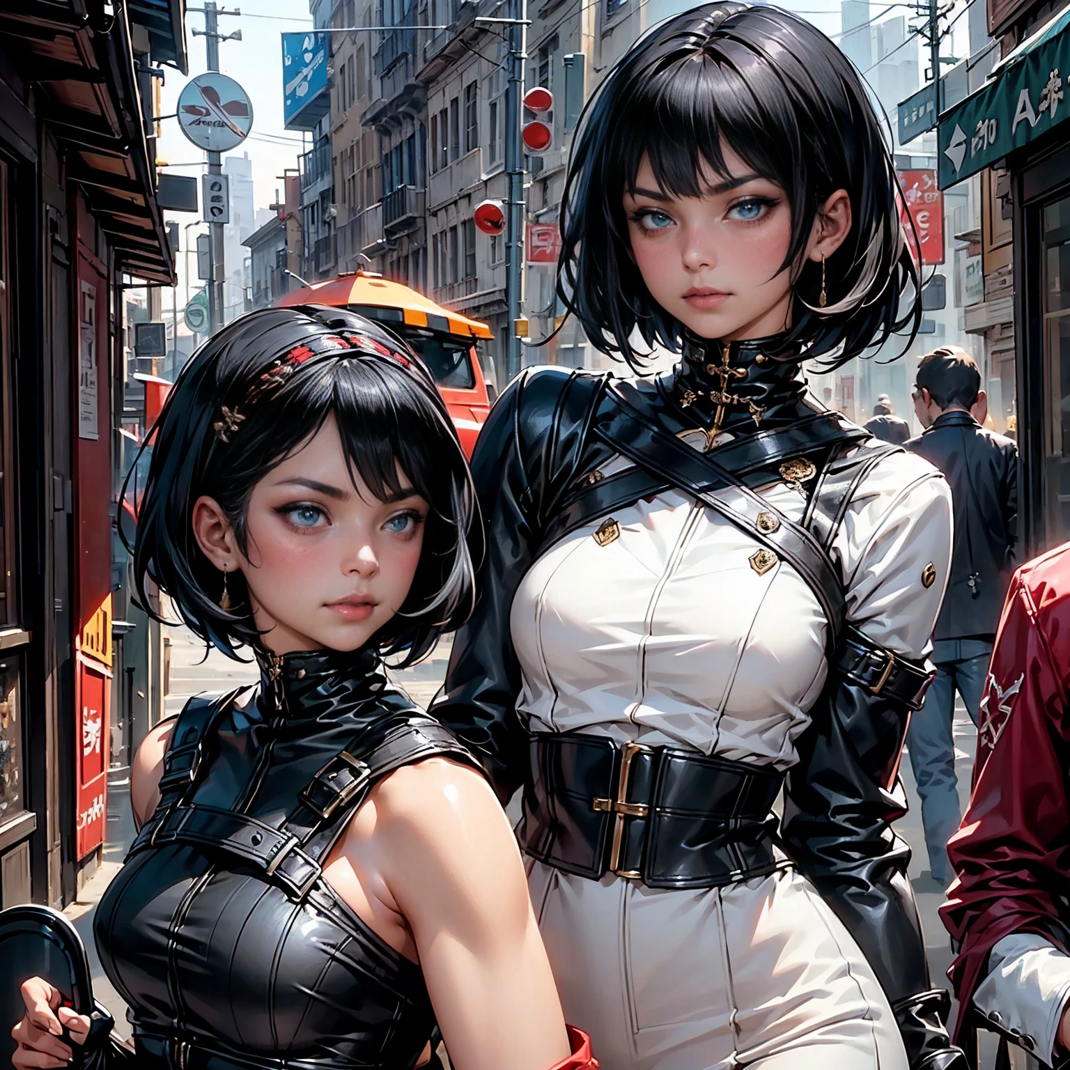 a woman, 1girl, short bob black hair, small breasts, blue sky eyes!!!, fait skin, blank face, sexy tight black ninja outfit, bare arm, bare leg, night, medieval japanese town, very sexy body, detailed face, beautiful detailed eyes, beautiful detailed lips, extremely detailed eyes and face, long eyelashes, detailed clothing, intricate details, highly detailed, photo realistic, 8k, best quality, masterpiece, cinematic lighting, dramatic lighting, vibrant colors, fantasy, digital art, concept art