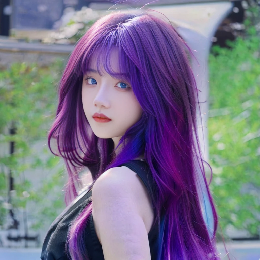 1Girl, wearing black crop top, light violet hair, fair skin, blue eyes color, long hair, soft lighting