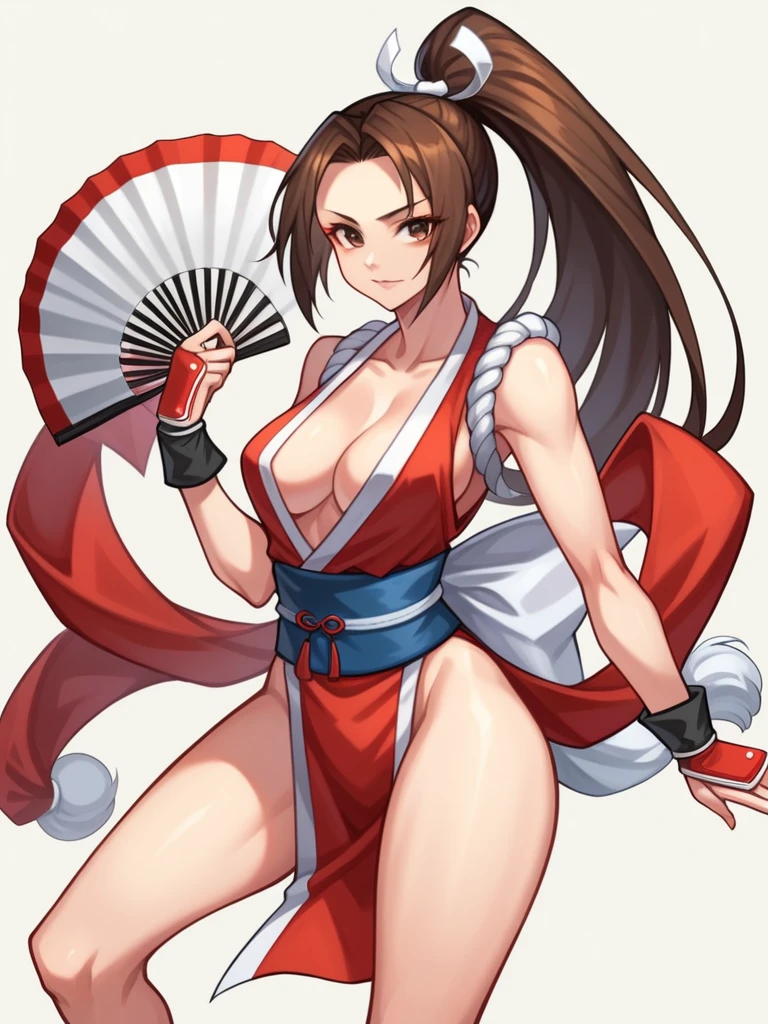 in kinu-sensei artstyle, Kinu Nishimura style, muted pastel colors, mai shiranui, The image depicts Mai Shiranui, a well-known character from the King of Fighters series. She is presented in a dynamic and confident pose, holding a fan in one hand and with her body angled slightly to one side. Mai has long, brown hair tied up in a high ponytail, adorned with a white ribbon. Her outfit is a traditional yet revealing red kunoichi costume with a plunging neckline, white trim, and a large sash tied around her waist. Her expression is inviting yet fierce, capturing her blend of allure and combat readiness. The artwork features smooth, detailed linework with a slightly painterly style, emphasizing her curves and the fabric's flow.
**AI Art Prompts:**
"Mai Shiranui character illustration, dynamic pose, holding fan, long brown hair in high ponytail with white ribbon, traditional red kunoichi costume with white trim, plunging neckline, confident and fierce expression, smooth detailed linework, painterly style, emphasizing curves and fabric flow."