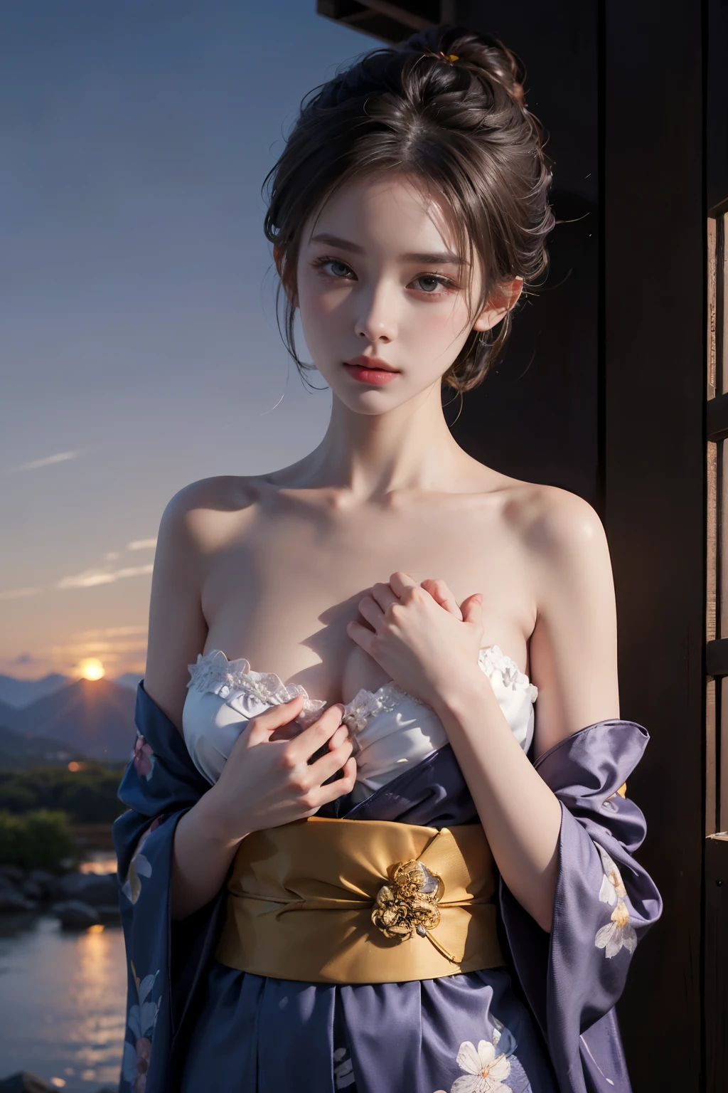 pond, feudal japanese architecture, female, woman, sensual, erotic, looking at viewer, romantic, loving, affectionate, facing viewer, colorful, long hair, (hair up in perfect bun:1.3), (asian:1.3), hair clips, hair bands, ribbons, twilight blue, sparkling silver, galaxy purple, black velvet, cherry blossom park, sakura trees, pink petals, outdoors, standing, (covering breasts:1.4), (hand on breast:1.3), (sunset, dusk:1.25), (silk kimono robe:1.5), (sash:1.3), (bare shoulders:1.4), (strapless:1.3), (delicate embroidery:1.1), elegant, draped, (revealing:0.8), (art by Noah Bradley:1.4), (hand on own chest:1.3), (adult:1.4), , slim waist, small breasts, fcHeatPortrait, (medium shot:1.3), lewd, risque, skimpy, scantily clad, cleavage, (grabbing own breast:1.3), (masterpiece:1.2), subsurface scattering, heavy shadow, (high quality:1.4), golden ratio, (intricate, high detail:1.2),