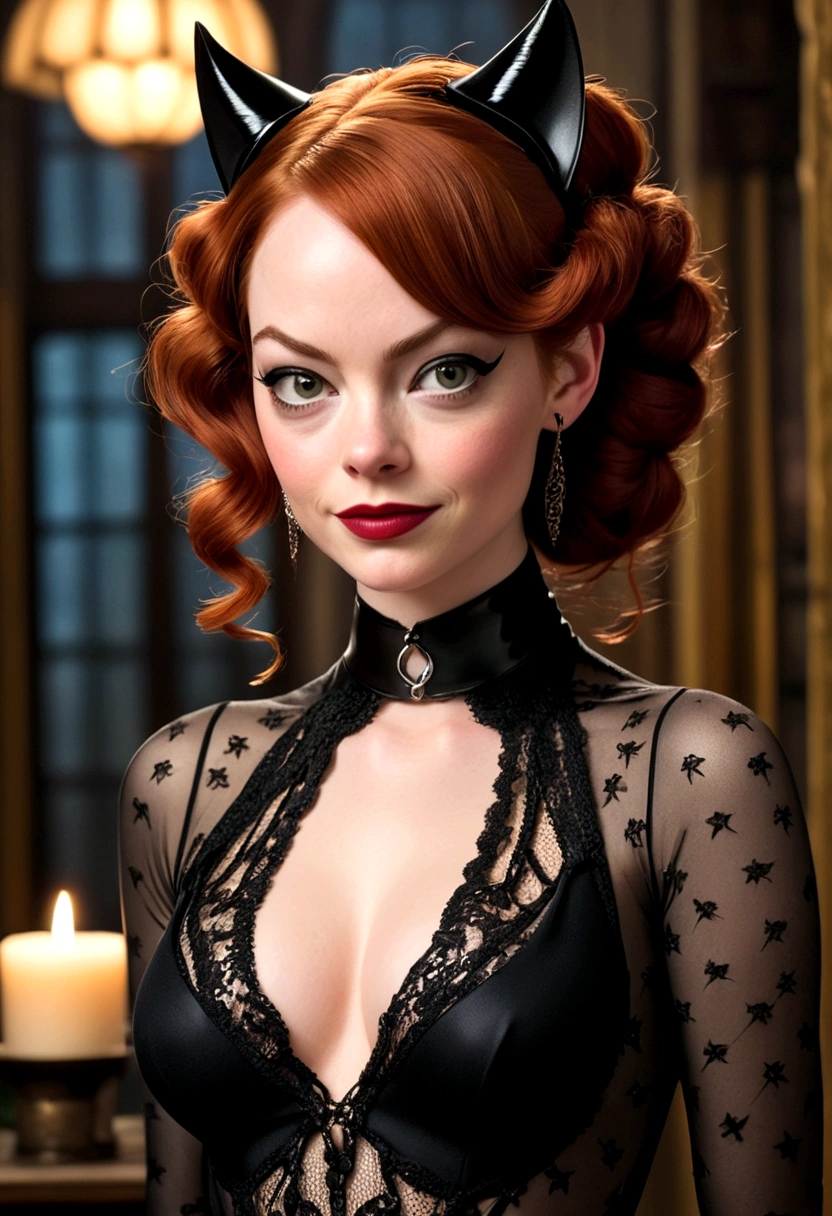 Full body shot Emma Stone catwoman, ringlets wavy five feet long red hair, updo hairstyle with ponytail on one side and long hairpins holding the bun long braid, strong thighs, dark red glossy lips, heavy black eye shadow long black eyeliner, long sharp claws, black lace beautiful and creative catwoman bodysuit with no jewels, huge cleavage, clear ears no earrings, no earrings, no earrings, no earrings, no jewels, beautiful forehead lace ornament, posing in a feminine catwoman den, happy expression, dark ambience night time candle lights. No faces on her chest!