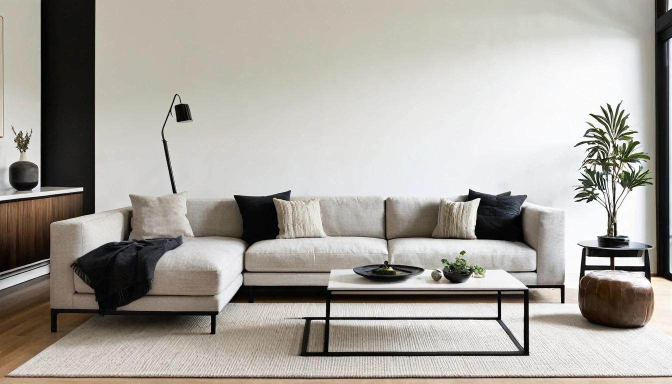 A minimalist, stylish living room with contemporary furniture and decor.