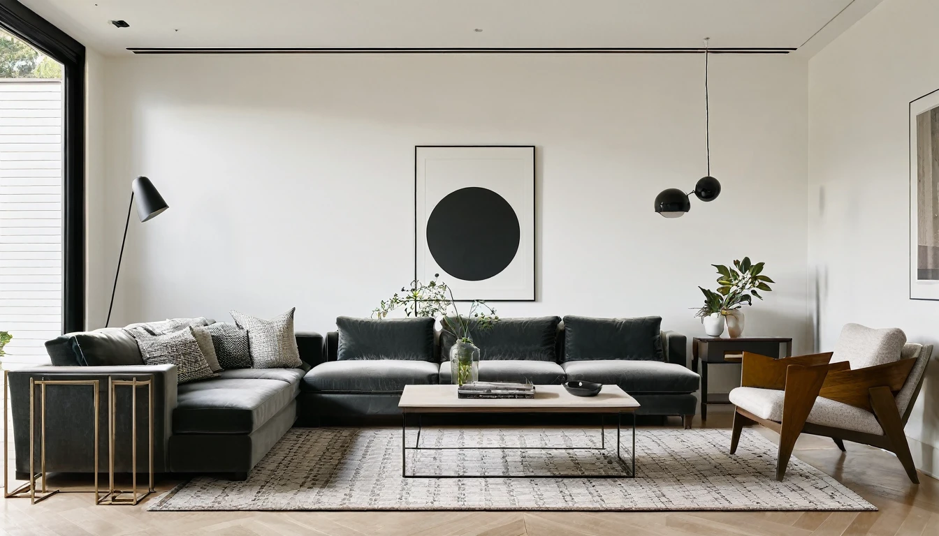 A minimalist, stylish living room with contemporary furniture and decor.