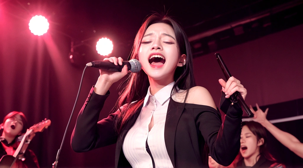 Opening mouth wide Screaming Rolling eyes Fainting Holding microphone in right hand