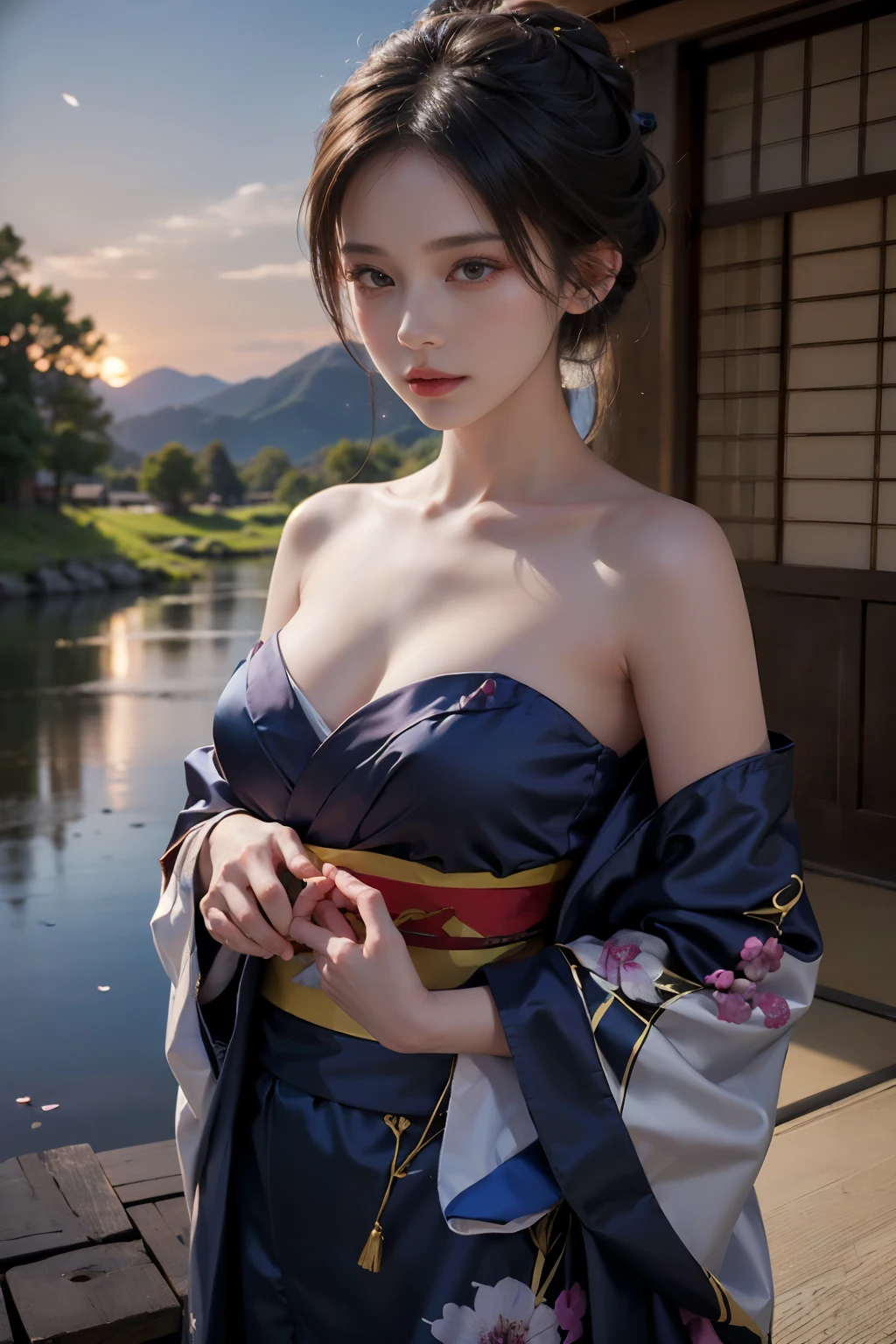 pond, feudal japanese architecture, female, woman, sensual, ??????, looking at viewer, romantic, loving, affectionate, facing viewer, colorful, long hair, (hair up in perfect bun:1.3), (asian:1.3), hair clips, hair bands, ribbons, twilight blue, sparkling silver, galaxy purple, black velvet, cherry blossom park, sakura trees, pink petals, outdoors, standing, (covering breasts:1.4), (hand on breast:1.3), (sunset, dusk:1.25), (silk kimono robe:1.5), (sash:1.3), (bare shoulders:1.4), (strapless:1.3), (delicate embroidery:1.1), elegant, draped, (revealing:0.8), (art by Noah Bradley:1.4), (hand on own chest:1.3), (adult:1.4), , slim waist, small breasts, fcHeatPortrait, (medium shot:1.3), ????, risque, skimpy, scantily clad, cleavage, (grabbing own breast:1.3), (masterpiece:1.2), subsurface scattering, heavy shadow, (high quality:1.4), golden ratio, (intricate, high detail:1.2),