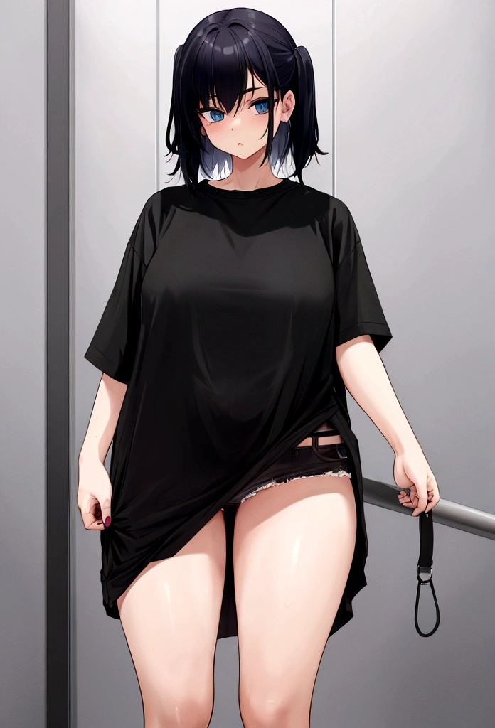 1 girl, emo, wearing casual clothing, big shirt reaching the thighs.