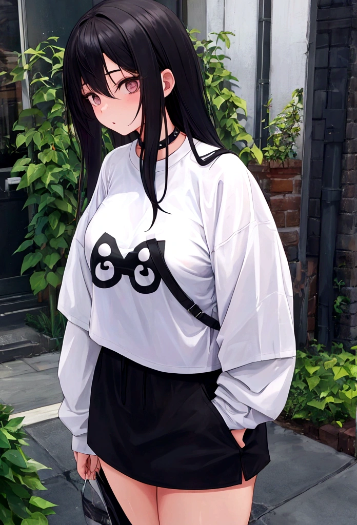 1 girl, emo, wearing casual clothing, big shirt reaching the thighs.