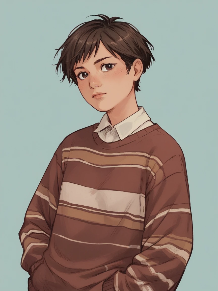 score_9, score_8_up, score_7_up, score_6_up, score_5_up, score_4_up, wh33z13, 1girl, Brown short hair, striped pink sweater, dark Brown eyes, classes
