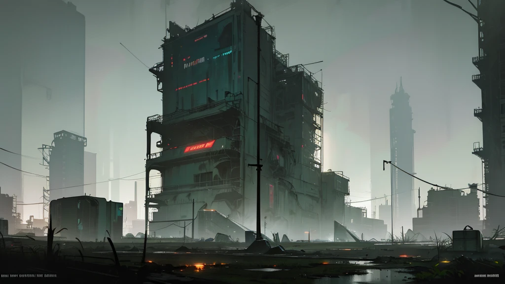 a futuristic and cyberpunk abandoned cosmodrome, detailed machinery, overgrown vegetation, dilapidated buildings, dramatic lighting, moody atmosphere, glowing neon signs, reflective surfaces, industrial textures, advanced technology, abandoned control panels, crumbling infrastructure, atmospheric fog, dramatic shadows, cinematic composition, muted color palette, sense of isolation and decay