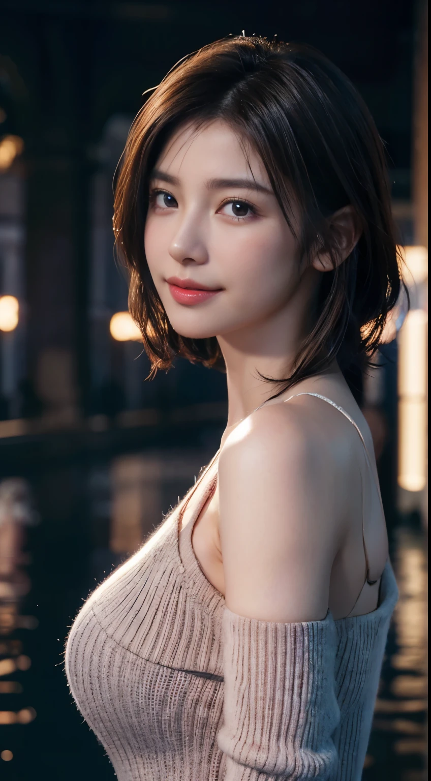 (logo, masterpiece, 8K, Tabletop, RAW Photos, wonderful, 最high quality, Photorealistic and very detailed CG composite 8k wallpaper, high quality, Very detailed, Narrative poem, Particle Effects, Dynamic Effects, Depth of the Boundary, Cinematic Light, Lens flare, Ray Tracing), short hair beautiful young woman, Hair tied back, high detail skin, very fine, fine skin texture, beautiful face, realistic eyes, beautifully detailed eyes, realistic skin, beautiful skin, surreal, smiling eyes, Hair and light eyes, Vibrant, Colorful lights and bokeh. The lighting casts a warm glow on her face and hair, Blue glow, Water surface reflection, Creates a dreamy and magical atmosphere, Big Breasts, Brown Hair, short hair, plump lower lip, pink blush on the cheeks , pink lips, brown tight no-shoulder knit sweater
