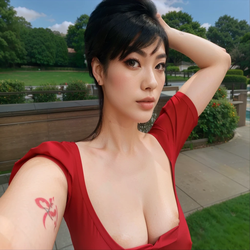 araffe woman in a red shirt posing for a photo, elegant glamor pose, elegant pose, doing an elegant pose, Asian, Japanese woman, boobies, neckleace, tattoo on right arm, blue eye makeup, outlined, shorth hair, Bblack hair, detailed hair