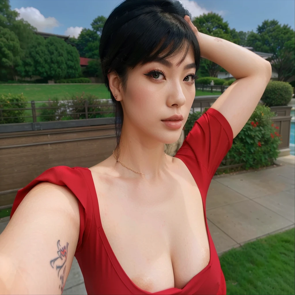 araffe woman in a red shirt posing for a photo, elegant glamor pose, elegant pose, doing an elegant pose, Asian, Japanese woman, boobies, neckleace, tattoo on right arm, blue eye makeup, outlined, shorth hair, Bblack hair, detailed hair