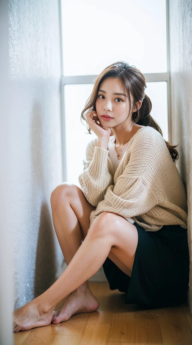 Dark brown hair、Light brown eyes、Japanese actress、 Lady、I am about 40 years old..、(Intricate details:1.2)、(Which one is on top??:1.4)、 (Ultra-high resolution:1.2)、Ultra-high resolution、(Finely tuned)、(Detailed facial features)、Hmph、8K resolution、D cup size breasts、Long Hair、Bright bathroom with sunlight shining in、Large windows、Extravagant space、relax、、,Full body photo、Head to toe shot、Beautiful legs、Loose-fitting sweater、Swimsuit Shorts、Beautiful legs、A refreshing room filled with sunlight、she, household items, (plant:0.8), Fashion Hub, Extreme Detail, Very detailed, Realistic, Hourglass-shaped body, Obscene pose,、Messy Hair、Messy ponytail、Leaning against a wall、私 cry a lot、tears、person on the left、White wall、White floor、