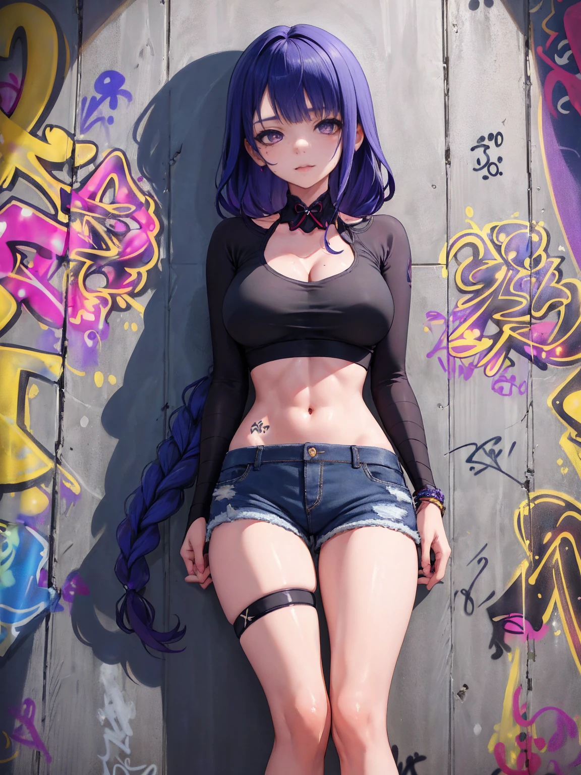 Effect Kujou Sara Genshin, Masterpiece, Best Quality, 1 girls, only, crop top, jean shorts, choker, (graffiti:1.5), color splash, arm behind the back, against the wall, looking at the audience, bracelet, thigh strap, body paint....................., nod, bored, multicolor fur, water eyes, headphones,