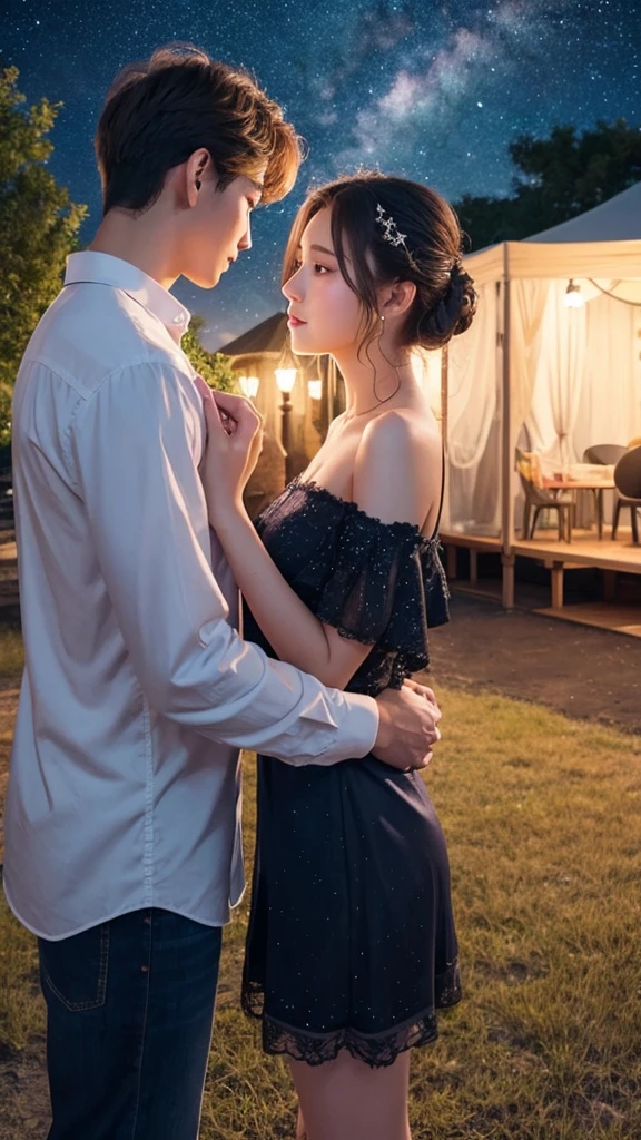 under the beautiful starry sky Stand shoulder to shoulder Behind the Scenes of Lovers An illustration Hands are not connected