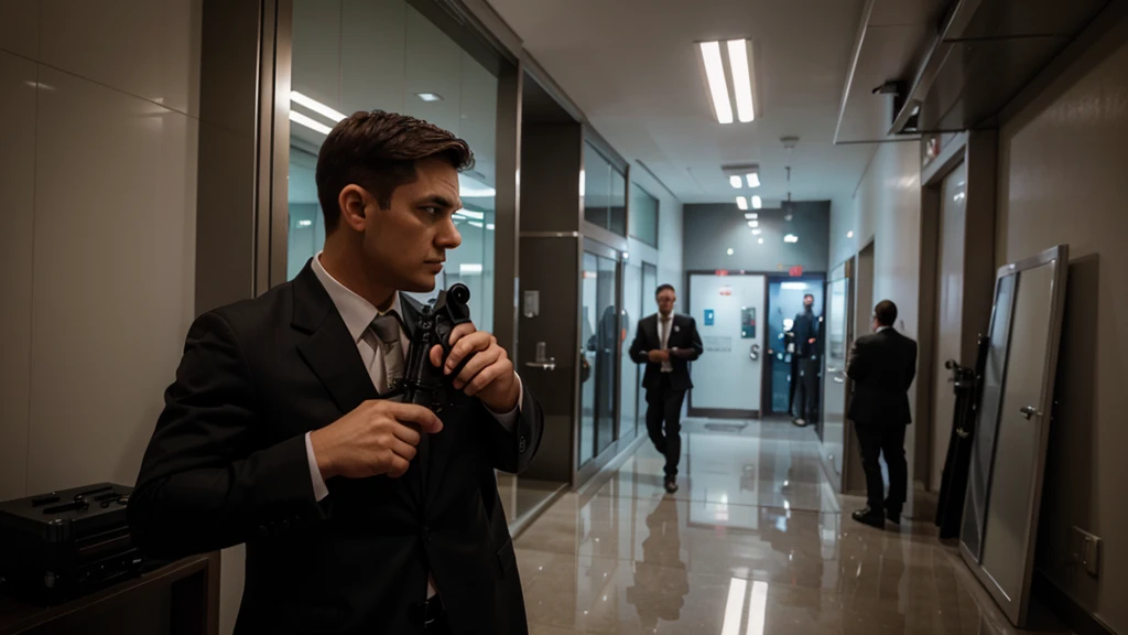secret agent in suit in shooting position and looking back while pointing his gun in front

