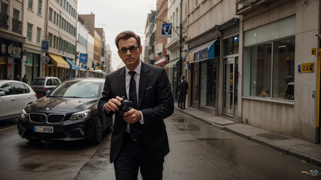secret agent in suit in shooting position and looking back while pointing his gun in front