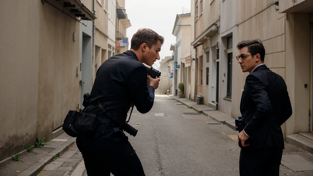 secret agent in suit in shooting position and looking back while pointing his gun in front
