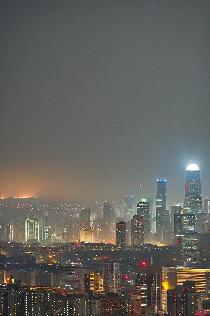 Big city, large spotlights, dark skies, red moon