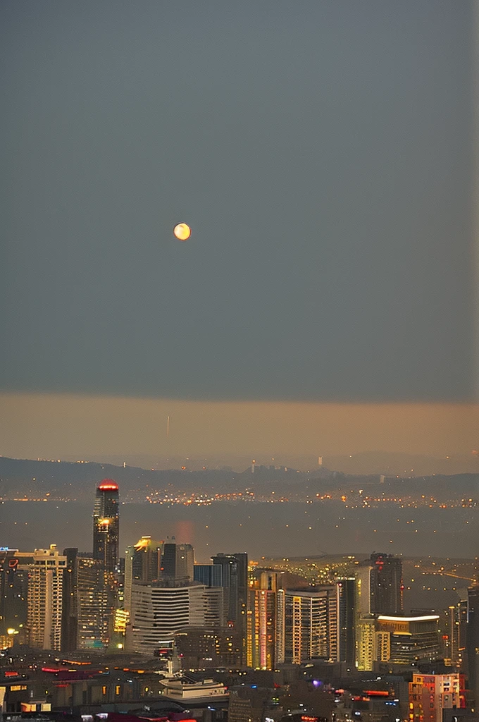 Big city, large spotlights, dark skies, red moon