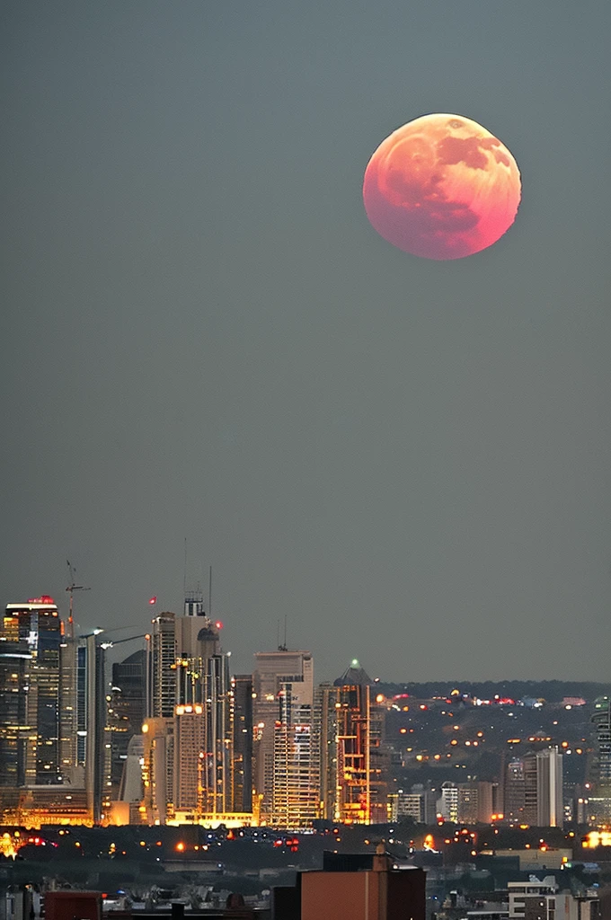 Big city, large spotlights, dark skies, red moon