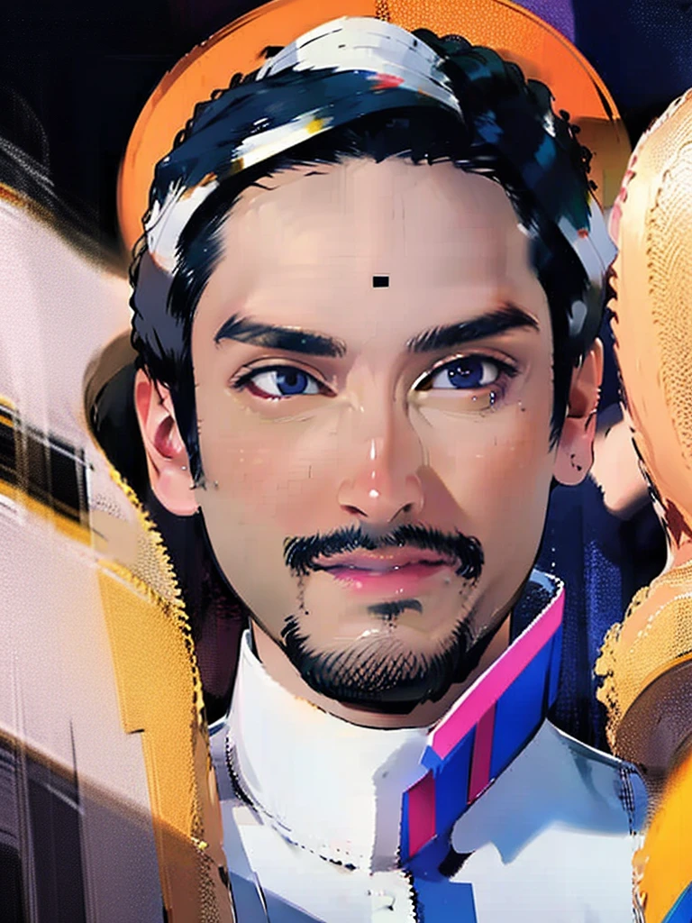 an asian man with clear face, no moustach, no beard, Nadech face, wearing an off-white traditional arabian clothing, thawb, white cloak with full sleeve, standing in an abstract neon background, looking up at the sky with a solemn expression, detailed face, beautiful detailed eyes, beautiful detailed lips, extremely detailed facial features, long eyelashes, photorealistic, 8k, high quality, dramatic lighting, cinematic, vibrant neon colors, surreal, hyper detailed