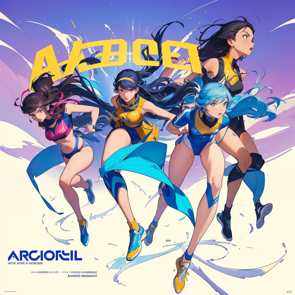 a close up of a poster with a group of women running, gouache, aero dynamic, artwork, jen bartel, rhythmic, arabic, atmospheric ”, atmospheric”, cover art, aerodynamic, eccentric, aerodynamic imposing, acrobatic, promo art, arabia, album artwork, by Arabella Rankin, nimble, egypt, atmospheric, various artists, atmospheric artwork