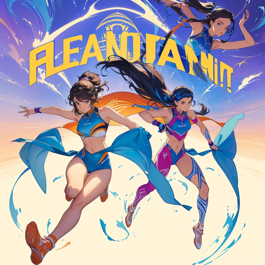 a close up of a poster with a group of women running, gouache, aero dynamic, artwork, jen bartel, rhythmic, arabic, atmospheric ”, atmospheric”, cover art, aerodynamic, eccentric, aerodynamic imposing, acrobatic, promo art, arabia, album artwork, by Arabella Rankin, nimble, egypt, atmospheric, various artists, atmospheric artwork