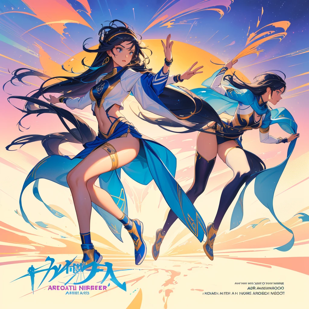 a close up of a poster with a group of women running, gouache, aero dynamic, artwork, jen bartel, rhythmic, arabic, atmospheric ”, atmospheric”, cover art, aerodynamic, eccentric, aerodynamic imposing, acrobatic, promo art, arabia, album artwork, by Arabella Rankin, nimble, egypt, atmospheric, various artists, atmospheric artwork