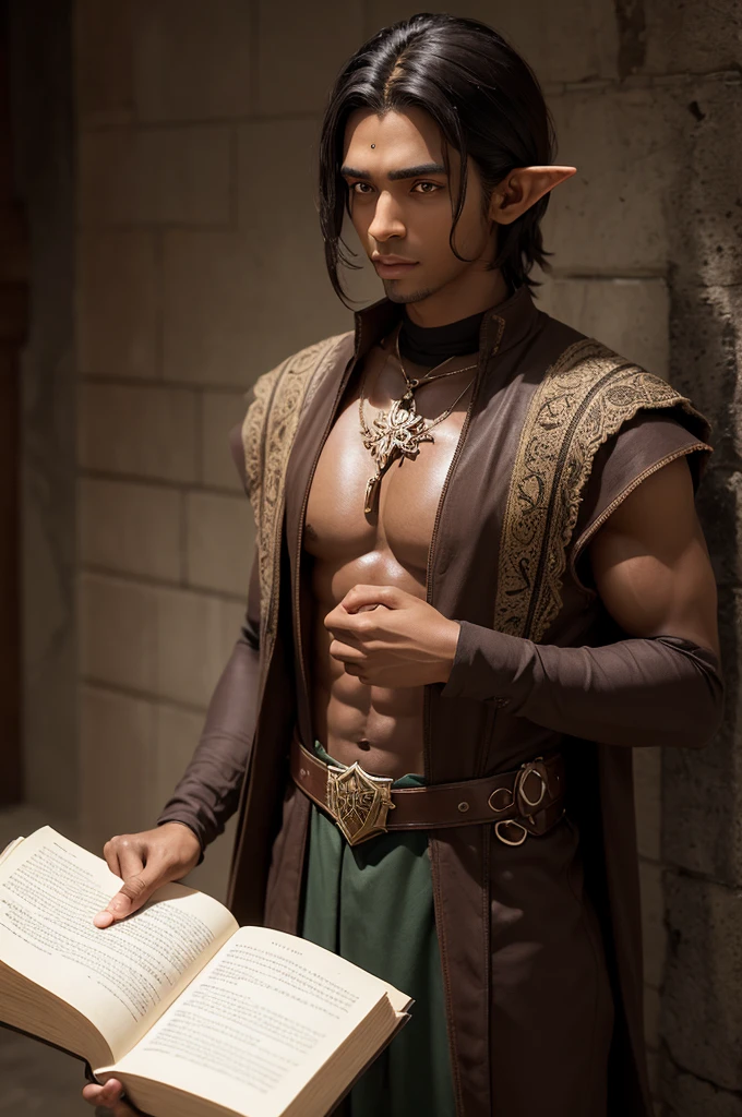 he's an elf, brown skinned, one of his eyes is blind , medium and dark hair. Has a grimoire, age 28, 1,95 tall, It's very calm
