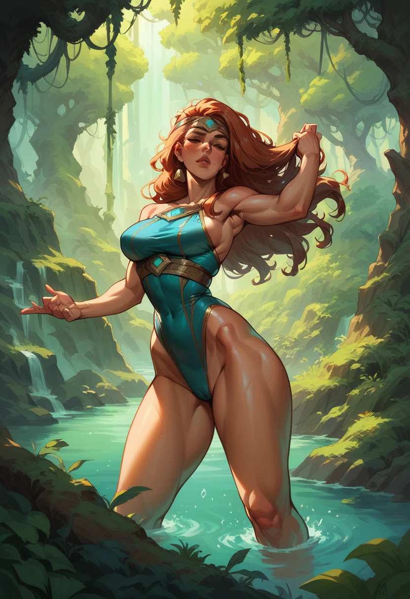 a curvy and big-breasted Brazilian heroine, wearing a sexy river blue high-leg leotard. She has a powerful and confident stance, embodying her connection to the Amazon rainforest. Her appearance is enhanced with natural elements, such as subtle water and plant motifs on her leotard, and her long, flowing hair reflects the vibrancy of the river. The background shows the lush, green environment of the Amazon rainforest, emphasizing her role as a protector of nature.