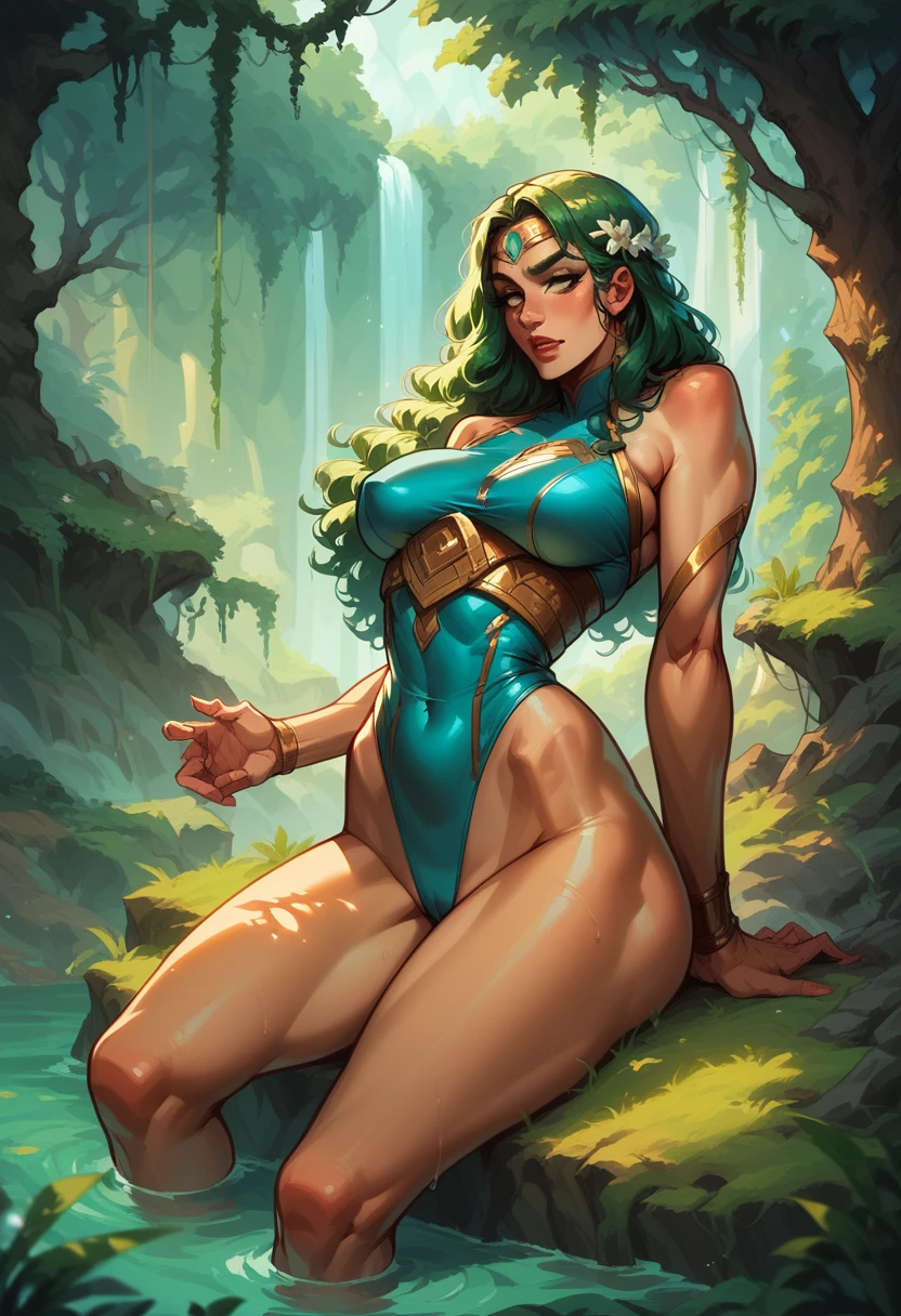 a curvy and big-breasted Brazilian heroine, wearing a sexy river blue high-leg leotard. She has a powerful and confident stance, embodying her connection to the Amazon rainforest. Her appearance is enhanced with natural elements, such as subtle water and plant motifs on her leotard, and her long, flowing hair reflects the vibrancy of the river. The background shows the lush, green environment of the Amazon rainforest, emphasizing her role as a protector of nature.