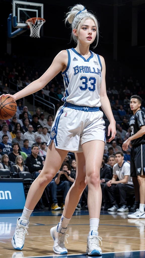 Female ager with white hair up blue eyes and white skin playing professional basketball full body