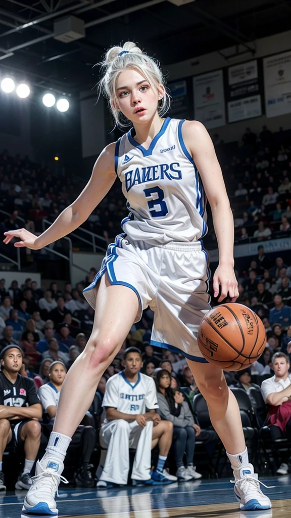 Female ager with white hair up blue eyes and white skin playing professional basketball full body