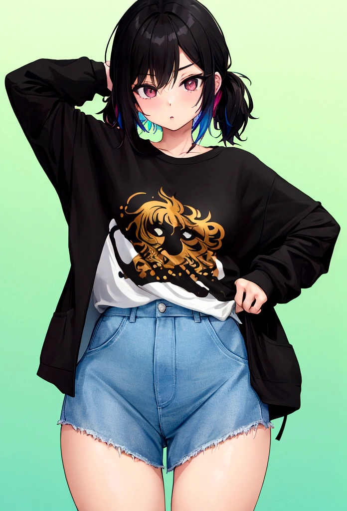 1 girl, emo, wearing casual clothing, big shirt reaching the thighs.