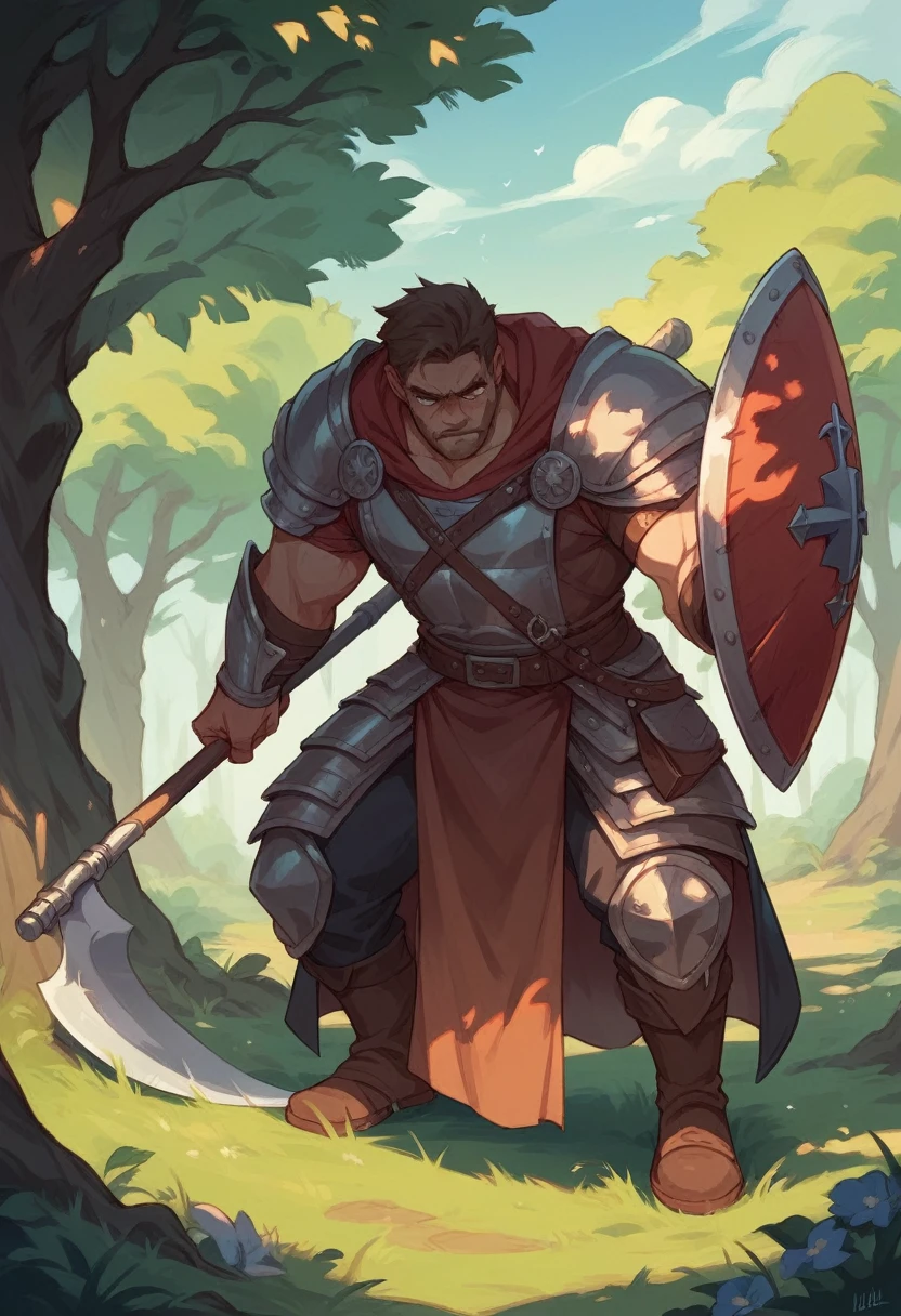 "family shield represented by a tree in the center, a scythe on the left, a hammer in the right and a cross at the top