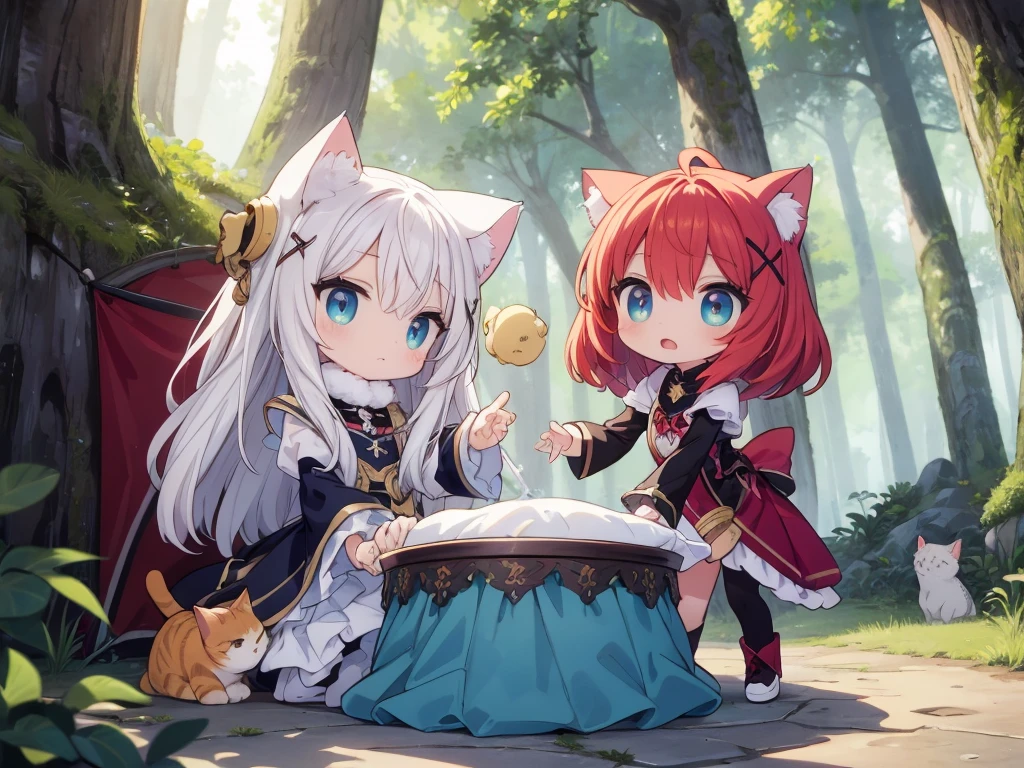 culmination masterpiece, impressive moment, unexampled superlative highres definitely organized detail, (x-ray), from fowerd, from below, close contact, perfect fullbody, perfect hands, perfect face, perfect eyes, (2rest conspicuous nifty magical chibi girls in tent with perfect cats), fantasy world, forest field, illustration, Artistic, peaceful atmosphere, morning,