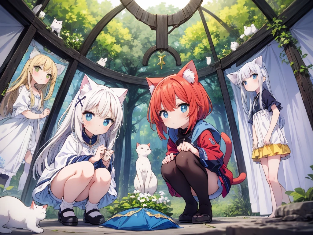 culmination masterpiece, impressive moment, unexampled superlative highres definitely organized detail, (x-ray), from fowerd, from below, close contact, perfect fullbody, perfect hands, perfect face, perfect eyes, (2rest conspicuous nifty magical chibi girls in tent with perfect cats), fantasy world, forest field, illustration, Artistic, peaceful atmosphere, morning, 