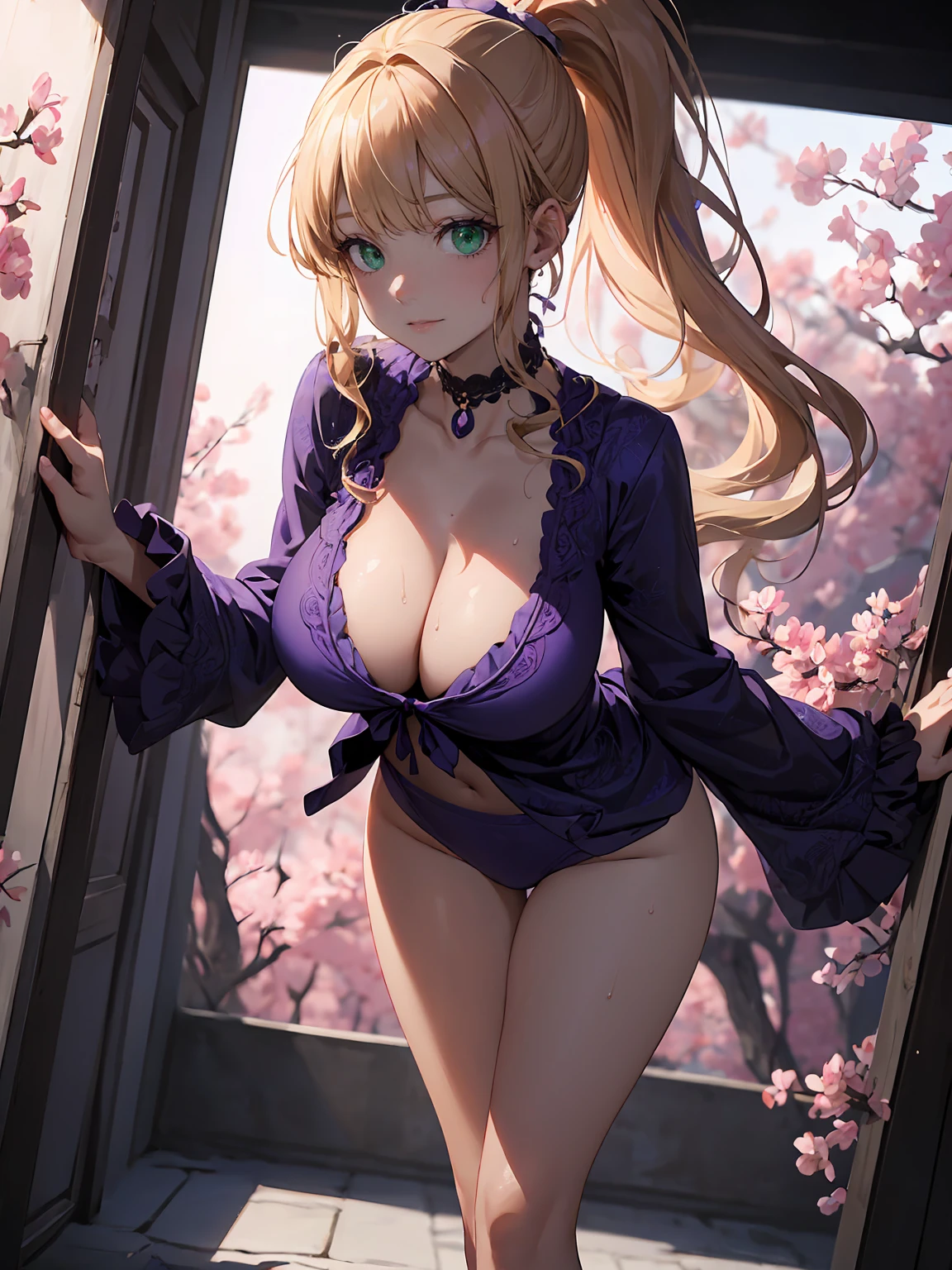 (1 woman:1.5,solo:1.5),
30 years old,
(very young woman:1.2),
(fit body:1.3),
(slender waist),
(slender leg),
perfect fingers,
nice hands,
perfect hands,
femenine hands,
good hands,
blurry background,
depth of field,
beautifully shaped nose,
break,
(soft pink background:1.5),(zentangle flowers:1.3),
break,
(choker)
(see-through:1.1),
break,
(highlight purple theme:1.4),
(cute frill pajamas),
cleavage,
break,
standing, leaning forward, (both hands on own thighs:1.1), head tilt, cleavage,
break,
(fullbody:1.1),looking at the viewer,(from side:0.8),
break,
chestnut mouth,
upward glance:0.7,
break,
(green eyes:1.4),
((ultra-intricate round big eyes)),
(ultra-detailed cute eyes),
eyelashes:0.7,
((ultra-intricate pupil in eyes)),
model,
break,
(swaying hair),
extremely detailed hair,
(ponytail:1.5),
(long hair:1.3),
(straight hair:1.3),
shiny hair,
(blonde hair with light brown tips hair:1.3),
(blunt bangs),
break,
(MEDIUM HUGE BREAST:1.1),
(GIGANTIC HUGE HIP:0.6),
saggy breasts:1.2,
pendulous breasts,
realistic breast physics,
(hanging breasts),
break,
(pale skin:1.1),
(gleaming skin:1.3),
(sweat:1.1),
weat:1.3,
oily skin,
affection,
blush:0.8,
smile,
break,
(masterpiece),
(best quality),
(very high resolution),
(professional anime),
beautiful lighting,
super fine illustration,
insanely detailed,
beautiful detailed,
beautiful detailed face & eyes,
beautiful detailed body,
beautiful detailed skin,
8K,
beautiful girl,
pretty girl,
(depth of field:1.3),
dynamic lighting,
(aesthetic),
